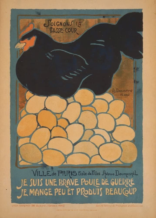 Vintage French WW1 Propaganda 'Let's Take Care of The Poultry. I am a Fine War Hen. I Eat Little and Produce a Lot', France, 1914-18, Reproduction 200gsm A3 Vintage French Propaganda Poster