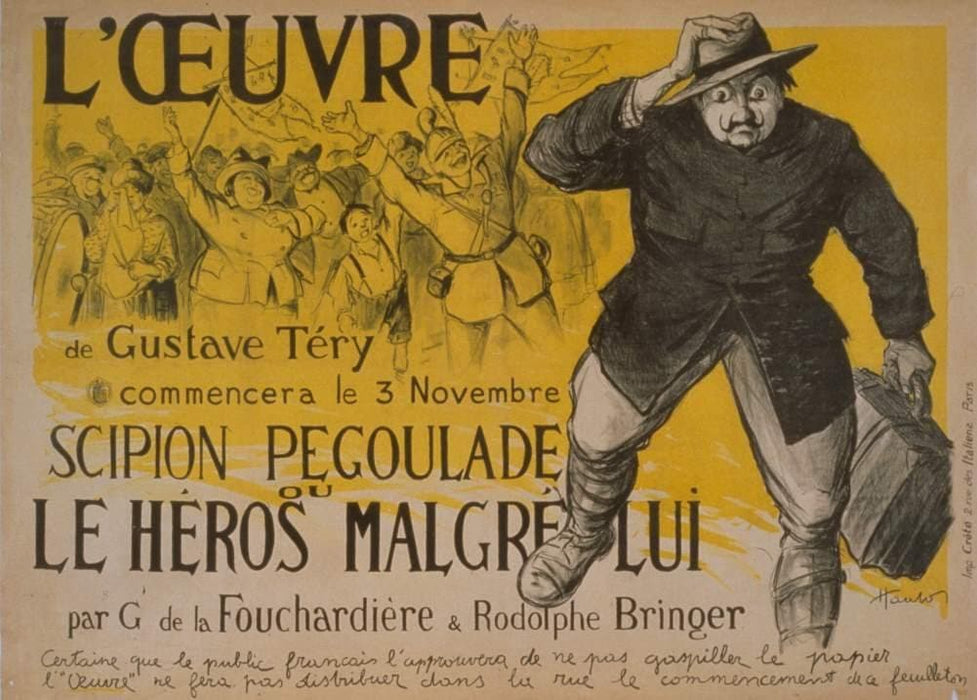 Vintage French WW1 Propaganda ''The Hero in Spite of Himself', a Novel That Will Run in 'L'Ouvere', France, 1914-18, Reproduction 200gsm A3 Vintage French Propaganda Poster