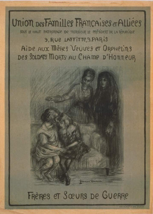 Vintage French WW1 Propaganda 'Union of French and Allies Families. Aid for Widowed Mothers and Orphans of Soldiers who Died in the Field of Honour', France, 1914-18, Reproduction 200gsm A3 Vintage French Propaganda Poster
