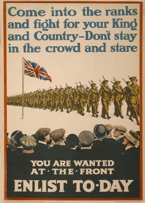 Vintage British WW1 Propaganda 'Come into The Ranks and Fight for Your King and Country', England, 1914-18, Reproduction 200gsm A3 Vintage British Propaganda Poster