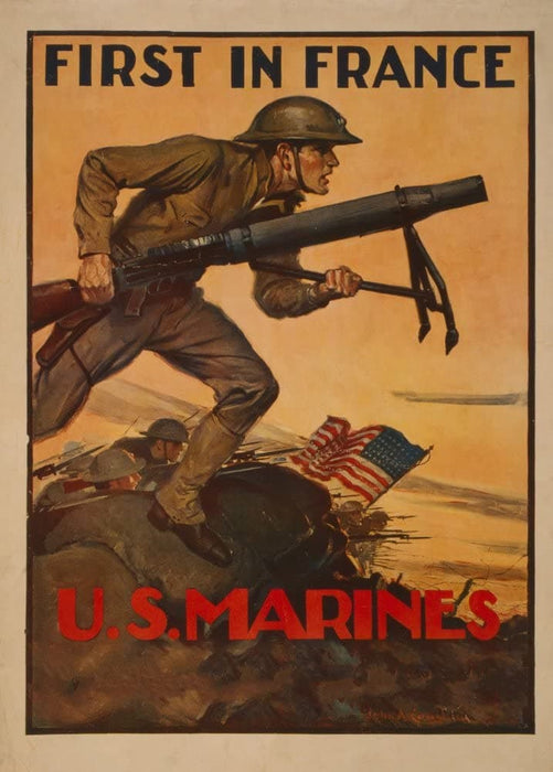 Vintage U.S WW1 Propaganda 'First in France. The U.S Marines', U.S.A, 1914-18, Reproduction 200gsm A3 Vintage Propaganda Poster