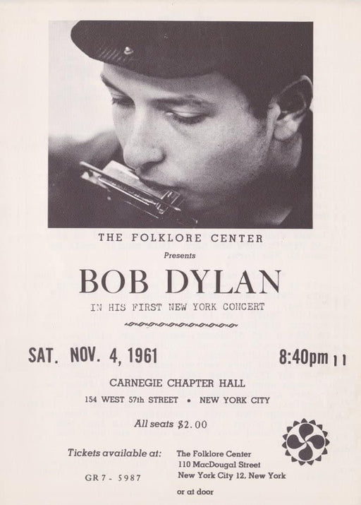 Bob Dylan Live at Carnegie Chapter Hall, 1961, Reproduction Vintage 200gsm A3 Classic Folk Music Poster - World of Art Global Limited