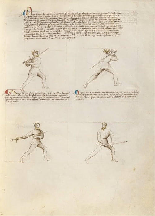 Vintage Martial Arts 'Four Figures with Swords', from 'Fior di Battaglia', Italy, 14th Century, Reproduction 200gsm A3 Swordfighting, Armed Combat and Self-Defence Poster