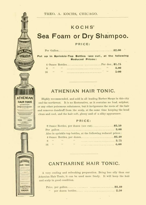 Vintage Barbershop and Salon 'Sea Foam, Hair Tonic and Dry Shampoo Selection', U.S.A, 1884, Reproduction 200gsm A3 Vintage Barbershop Poster