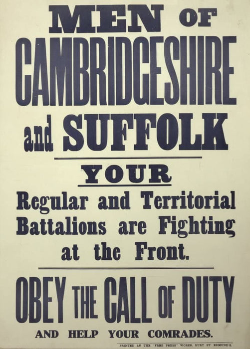 Vintage British WW1 Propaganda 'Men of Cambridgeshire and Suffolk. Obey The Call of Duty', England, 1914-18, Reproduction 200gsm A3 Vintage British Propaganda Poster