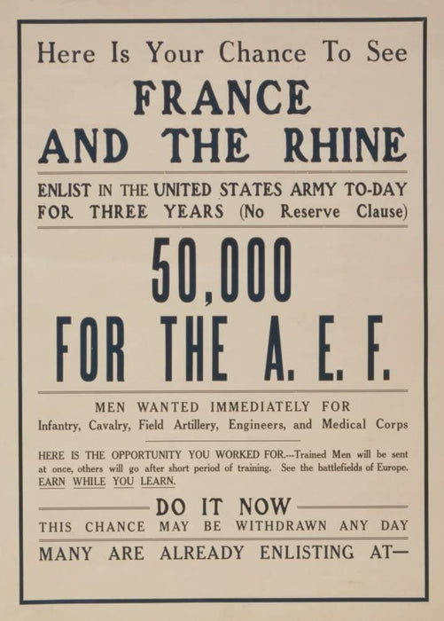 Vintage U.S WW1 Propaganda 'Enlist in The U.S Army. See France', Reproduction 200gsm A3 Vintage U.S Propaganda Poster