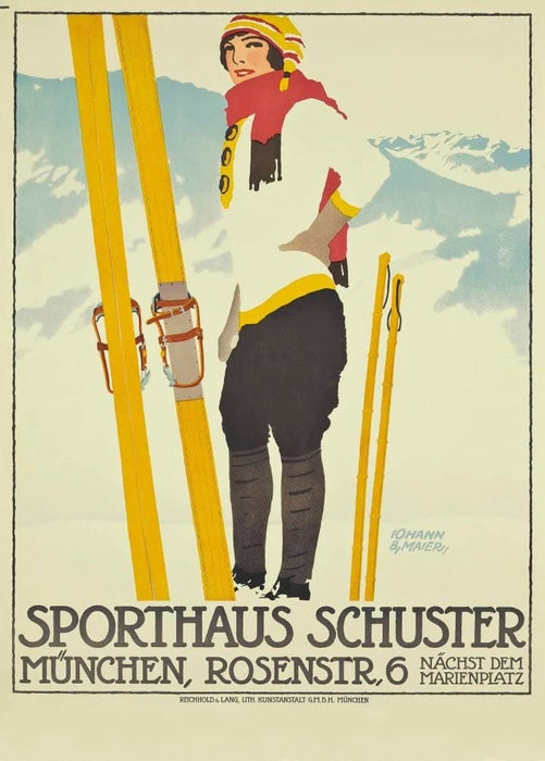 Vintage Travel Germany 'Sporthaus Schuster, Munich', 1913, Reproduction 200gsm A3 Vintage Art Deco Skiing and Winter Sport Poster