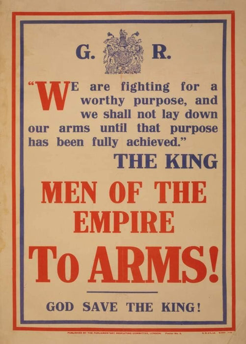 Vintage British WW1 Propaganda 'Men of The Empire! to Arms!', England, 1914-18, Reproduction 200gsm A3 Vintage Propaganda Poster