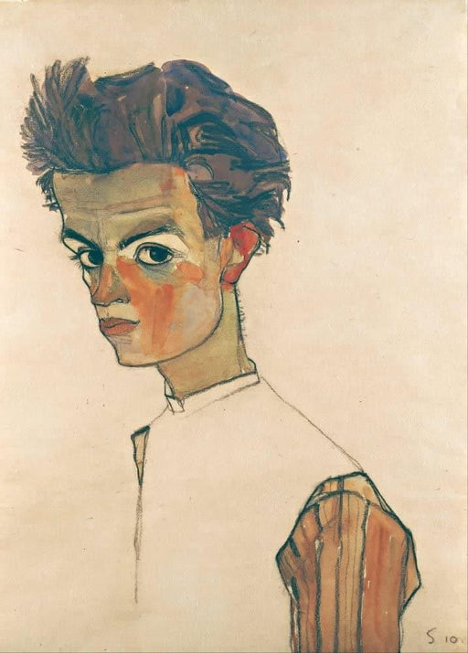 Egon Schiele 'Self-Portrait with Striped Shirt', Austria, 1910, Reproduction 200gsm A3 Vintage Classic Art Poster - World of Art Global Limited