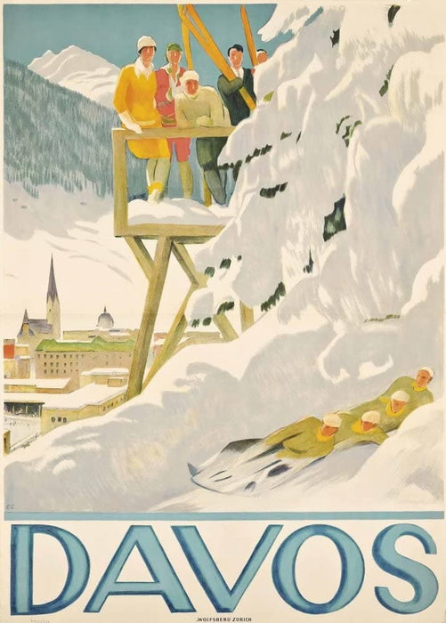 Vintage Travel Switzerland 'Davos', 1918, Reproduction 200gsm A3 Vintage Art Deco Skiing and Winter Sport Poster