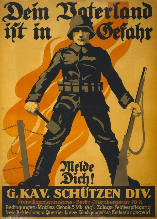 Vintage German WW1 Propaganda 'Your Fatherland is in Danger', Germany, 1914-18, Reproduction 200gsm A3 Vintage German Propaganda Poster