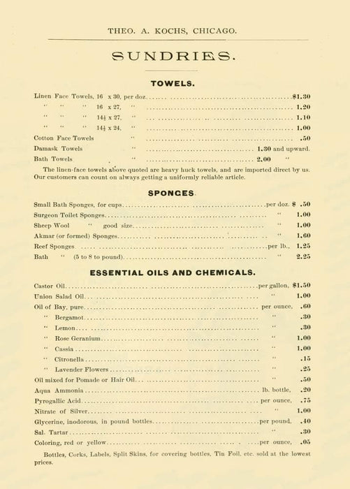 Vintage Barbershop and Salon 'Towels, Sponges and Oils Price List', U.S.A, 1884, Reproduction 200gsm A3 Vintage Barbershop Poster