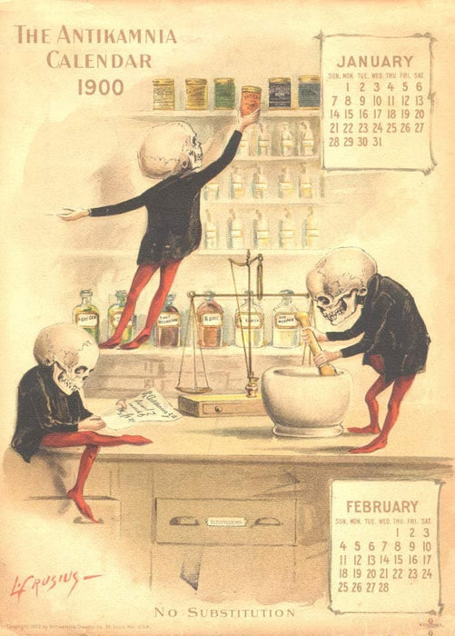 Vintage Anatomy 'The Three Apothecaries. No Substitution', from 'The Antikamnia Calender', 1901, U.S.A, Reproduction 200gsm A3 Vintage Medical Poster