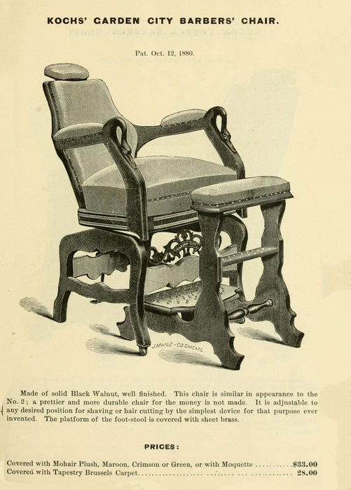 Vintage Barbershop and Salon 'Koch's Garden City Barber's Chair', U.S.A, 1880, Reproduction 200gsm A3 Vintage Barbershop Poster