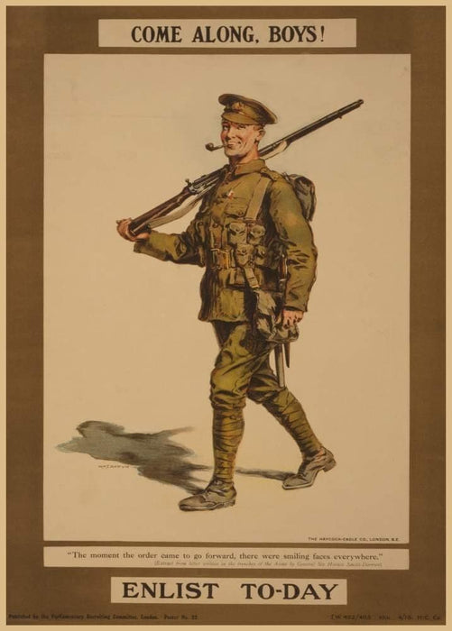Vintage British WW1 Propaganda 'Come Along, Boys. Enlist Today', England, 1914-18, Reproduction 200gsm A3 Vintage British Propaganda Poster