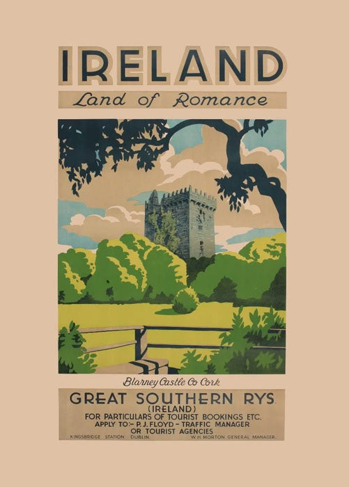 Vintage Travel Ireland 'The Land of Romance and Blarney Castle, Country Cork with Great Southern Railways', 1930, Reproduction 200gsm A3 Vintage Art Deco Travel Poster