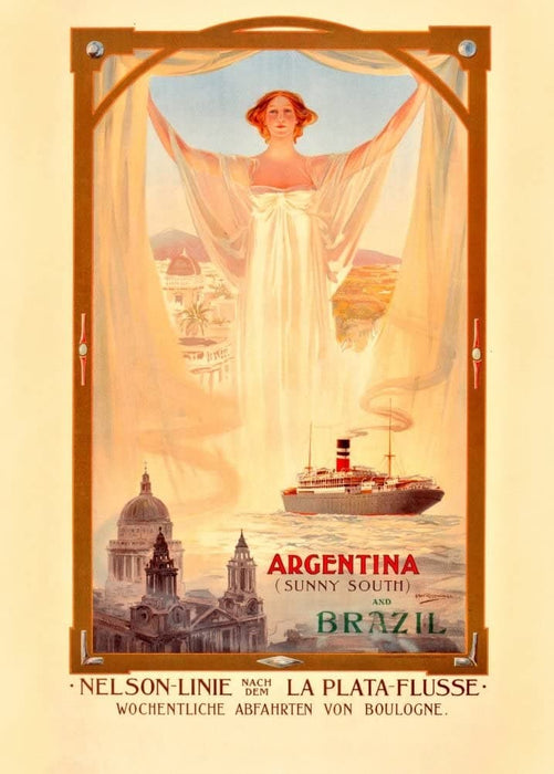 Vintage Travel Argentina 'Nelson Line to Argentina and Brazil', France, 1900's, Reproduction 200gsm A3 Vintage Art Nouveau Travel Poster