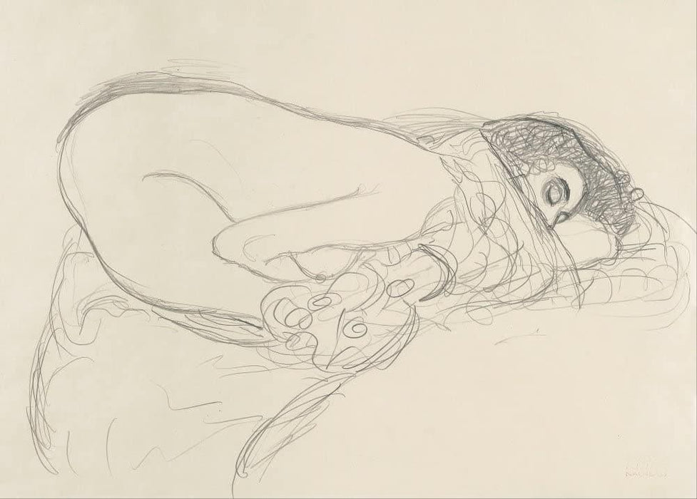 Gustav Klimt 'Semi-Nude Leaning Forward. Preparatory Work for The Painting Leda', Austria, 1913-1914, Austrian Symbolism, Reproduction 200gsm A3 Vintage Poster - World of Art Global Limited
