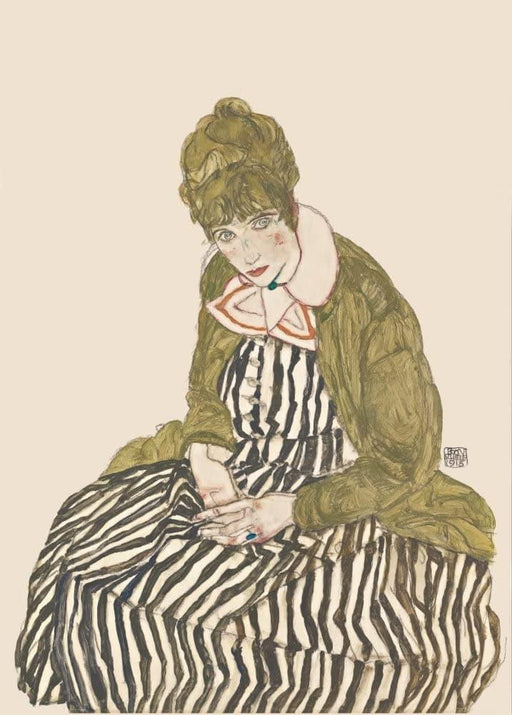 Egon Schiele 'Edith with Striped Dress, Sitting', Austria, 1915, Reproduction 200gsm A3 Vintage Classic Art Poster - World of Art Global Limited