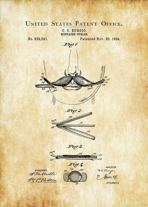Vintage Barbershop and Salon 'Moustache Curler, Patent', U.S.A, 1894, Reproduction 200gsm A3 Vintage Barbershop Poster