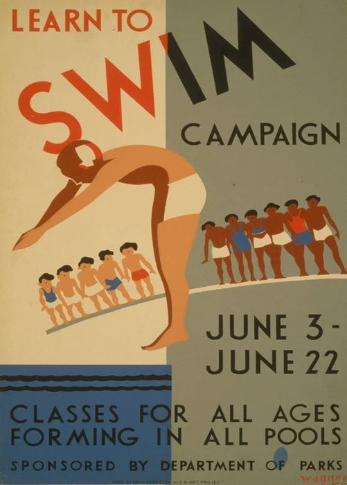 Vintage Swimming and Diving 'Learn to Swim Campaign', U.S.A, 1930's, Reproduction 200gsm A3 Vintage Sports Poster