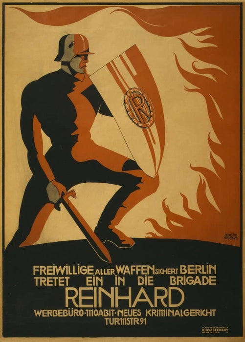 Vintage German WW1 Propaganda 'Volunteers with Weapons of All Kind Secure Berlin. Step into The Brigade', Germany, 1914-18, Reproduction 200gsm A3 Vintage German Propaganda Poster