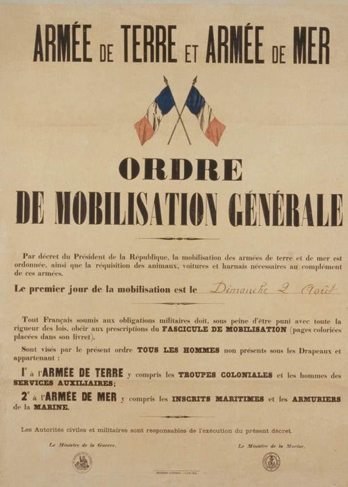 Vintage French WW1 Propaganda 'Ordre de Mobilsation Generale', France, 1914-18, Reproduction 200gsm A3 Vintage French Propaganda Poster