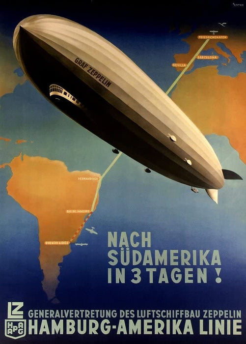 Vintage Travel Germany 'Zeppelin for South America in Three Days', 1937, Reproduction 200gsm A3 Vintage Art Deco Poster