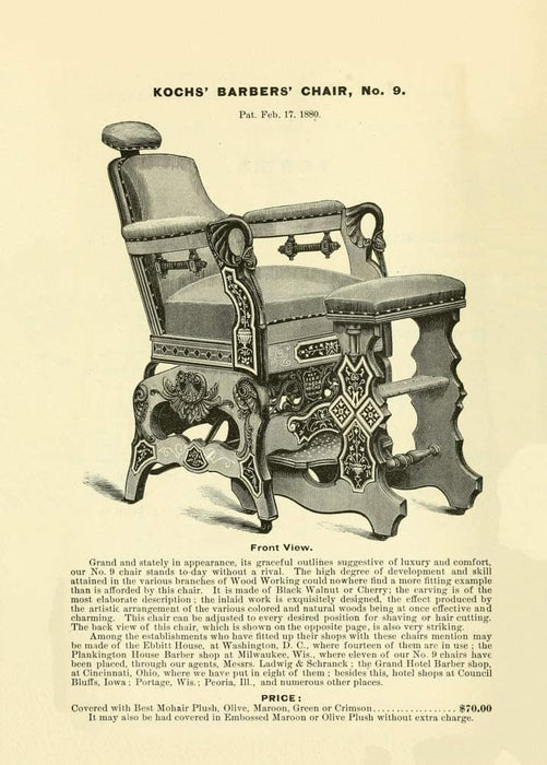 Vintage Barbershop and Salon 'Kochs' Barber Chair, no.9', U.S.A, 1880, Reproduction 200gsm A3 Vintage Barbershop Poster