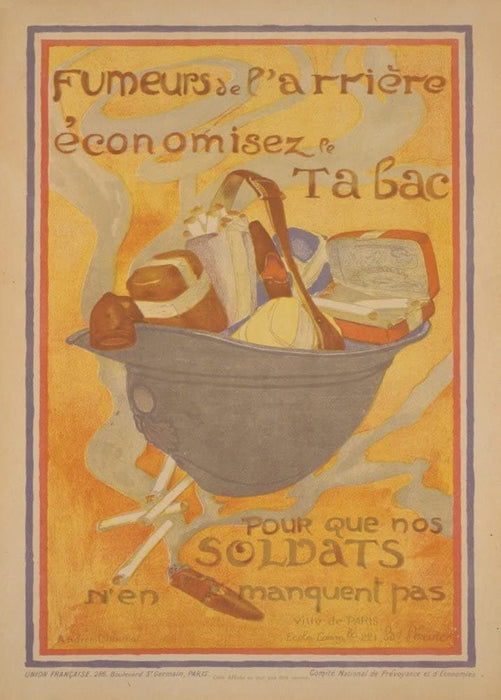 Vintage French WW1 Propaganda 'Civilian Smokers, Save Tobacco for Our Soldiers', France, 1914-18, Reproduction 200gsm A3 Vintage French Propaganda Poster