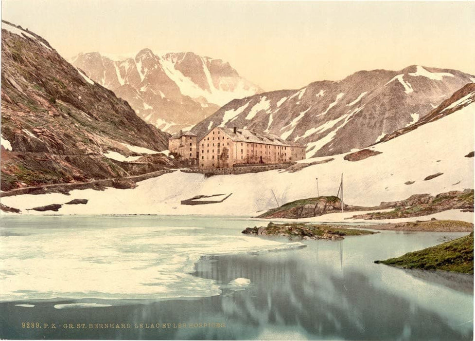 Vintage Travel Switzerland 'St. Bernard Hospice and Lake, Valais, Alps', Circa 1890-1910, Reproduction 200gsm A3 Vintage Photography Travel Poster