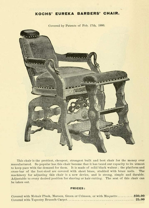 Vintage Barbershop and Salon 'Kochs' Eureka Barbers Chair', U.S.A, 1885, Reproduction 200gsm A3 Vintage Barbershop Poster