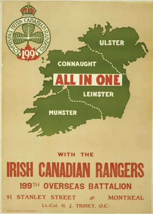 Vintage Irish and Canadian WW1 Propaganda 'All in One with The Irish Canadian Rangers', Canada, 1914-18, Reproduction 200gsm A3 Vintage Propaganda Poster