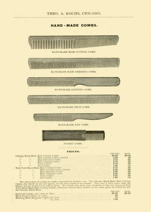 Vintage Barbershop and Salon 'Hand-Made Combs', U.S.A, 1884, Reproduction 200gsm A3 Vintage Barbershop Poster