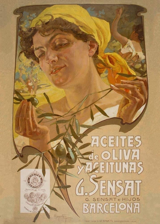 Adolfo Hohenstein 'Olive Oils and Olives by G. Sensat', 1903, Reproduction Vintage 200gsm Classic Art Nouveau Poster - World of Art Global Limited