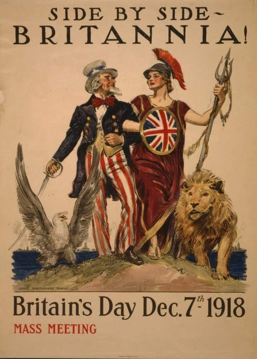 Vintage British WW1 Propaganda 'Britannia. Side by Side. Britain's Day', England, 1914-18, Reproduction 200gsm A3 Vintage British Propaganda Poster