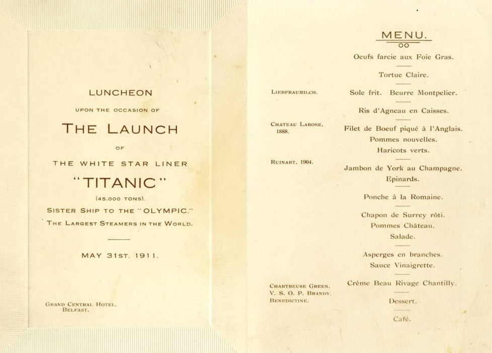 Vintage Groceries and Confectionery 'Titanic Menu for The Launch Party', U.S.A, England, 1912, Reproduction 200gsm A3 Vintage Poster