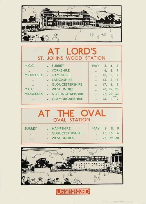 Vintage London Underground 'Cricket at Lord's and The Oval', 1913, Reproduction 200gsm A3 Classic English Travel Poster