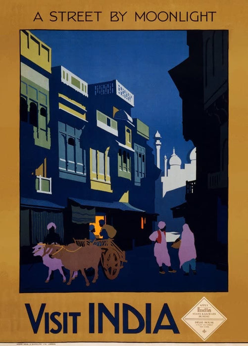 Vintage Travel India 'A Street by Moonlight', Circa. 1920-30's, Reproduction 200gsm A3 Vintage Art Deco Travel Poster