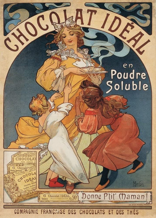 Vintage Coffee, Teas and Hot Drinks 'Chocolat Ideal', France, 1897, Alphonse Mucha, Reproduction 200gsm A3 Vintage Art Nouveau Poster