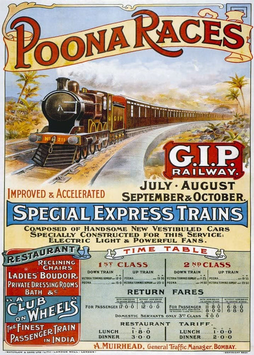 Vintage Travel India 'Bombay to Poona on The Poona Races Special Express Trains', 1880's, Reproduction 200gsm A3 Vintage Travel Poster