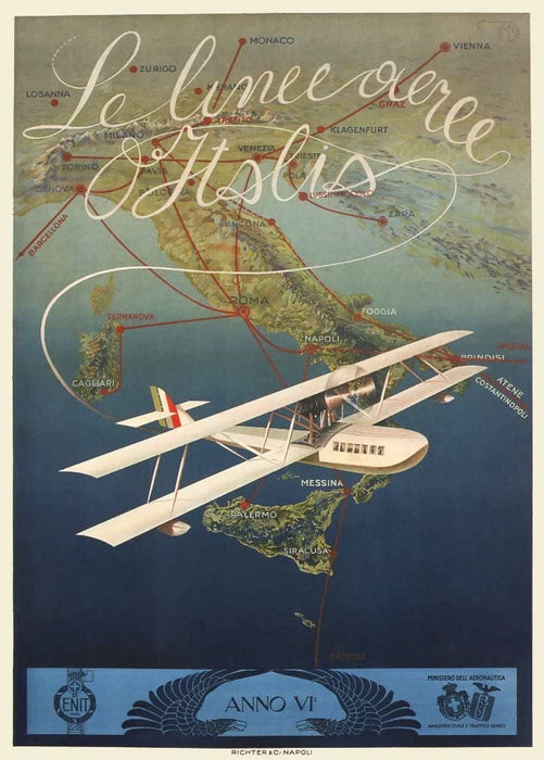 Vintage Travel Italy 'Airlines of Italy', 1927, Reproduction 200gsm A3 Vintage Art Deco Travel Poster
