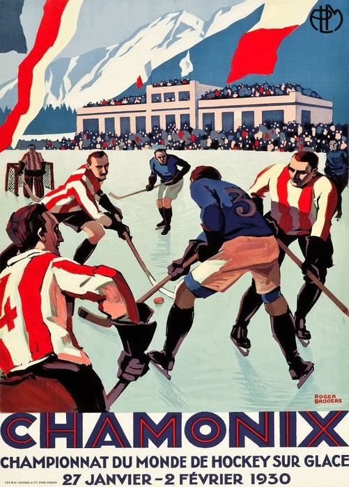 Vintage Ice Hockey 'Chamonix Ice Hockey World Championships', France, 1930, Reproduction 200gsm A3 Vintage Sports Poster