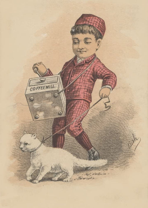 Vintage Coffee, Teas and Hot Drinks 'Coffee Mill Being Carried by Young Boy', U.S.A, 19th Century, Reproduction 200gsm A3 Vintage Poster