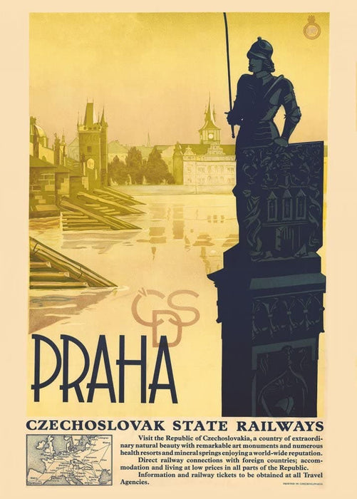 Vintage Travel Czechoslovakia 'Prague with State Railways', 1930's, Reproduction 200gsm A3 Vintage Art Deco Travel Poster