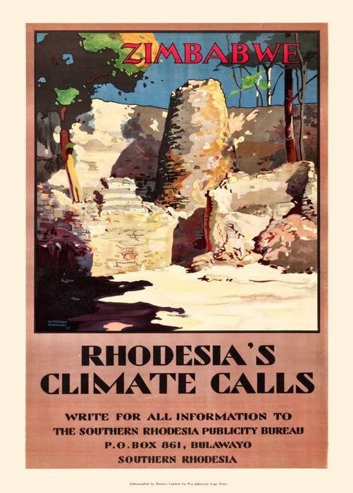 Vintage Travel Africa 'Zimbabwe. Rhodesia's Climate Calls', 1928, Reproduction 200gsm A3 Vintage Art Deco Travel Poster
