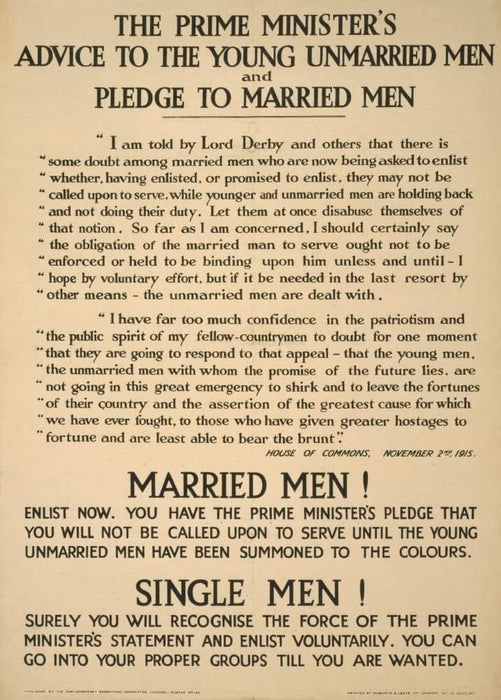Vintage British WW1 Propaganda 'The Prime Minister's Advice to The Young Unmarried Men', England, 1914-18, Reproduction 200gsm A3 Vintage British Propaganda Poster