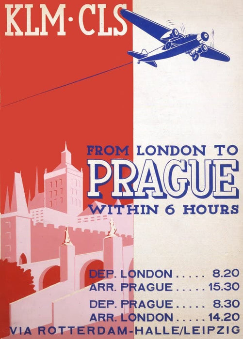 Vintage Travel Czechoslavakia 'Prague from London in Six Hours', 1937, Reproduction 200gsm A3 Vintage Art Deco Travel Poster