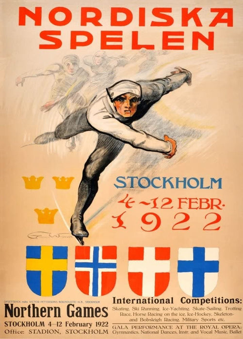Vintage Travel Sweden 'Northern Winter Games, Stockholm', 1922, Reproduction 200gsm A3 Vintage Art Deco Skiing and Winter Sport Poster