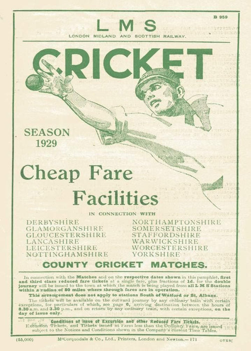 Vintage Cricket 'Country Cricket Season with L.M.S Cheap Fares'', England, 1929, Reproduction 200gsm A3 Vintage Sports Poster